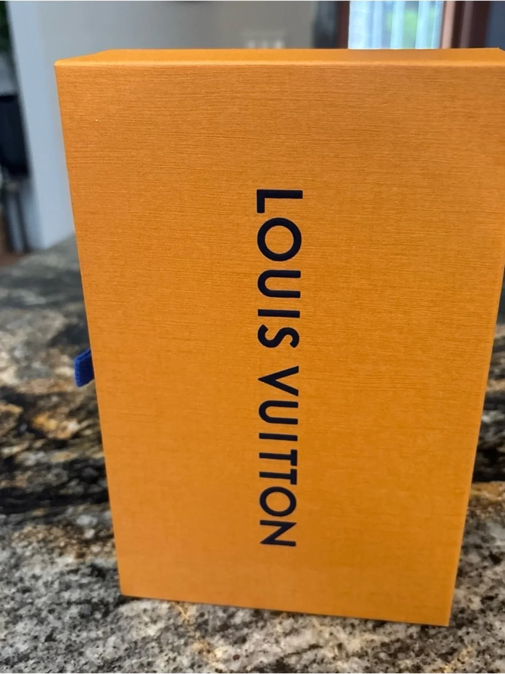 Louis Vuitton Orange Box with Navy Logo and Beige Base